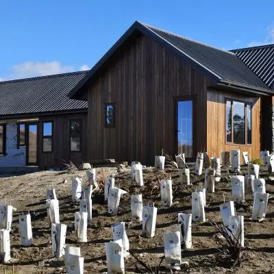 Modern house with wooden siding made from NSW Spotted Gum and a dark roof. In the foreground, small plants are protected by white tubes on a sloped, bare soil landscape. Blue sky with a few clouds above.