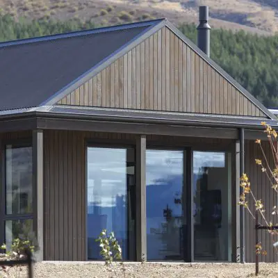 Modern house with a dark metal roof in a smokey grey tint and wood-paneled exterior, large windows, and a chimney. The surrounding area features sparse vegetation and hills in the background.