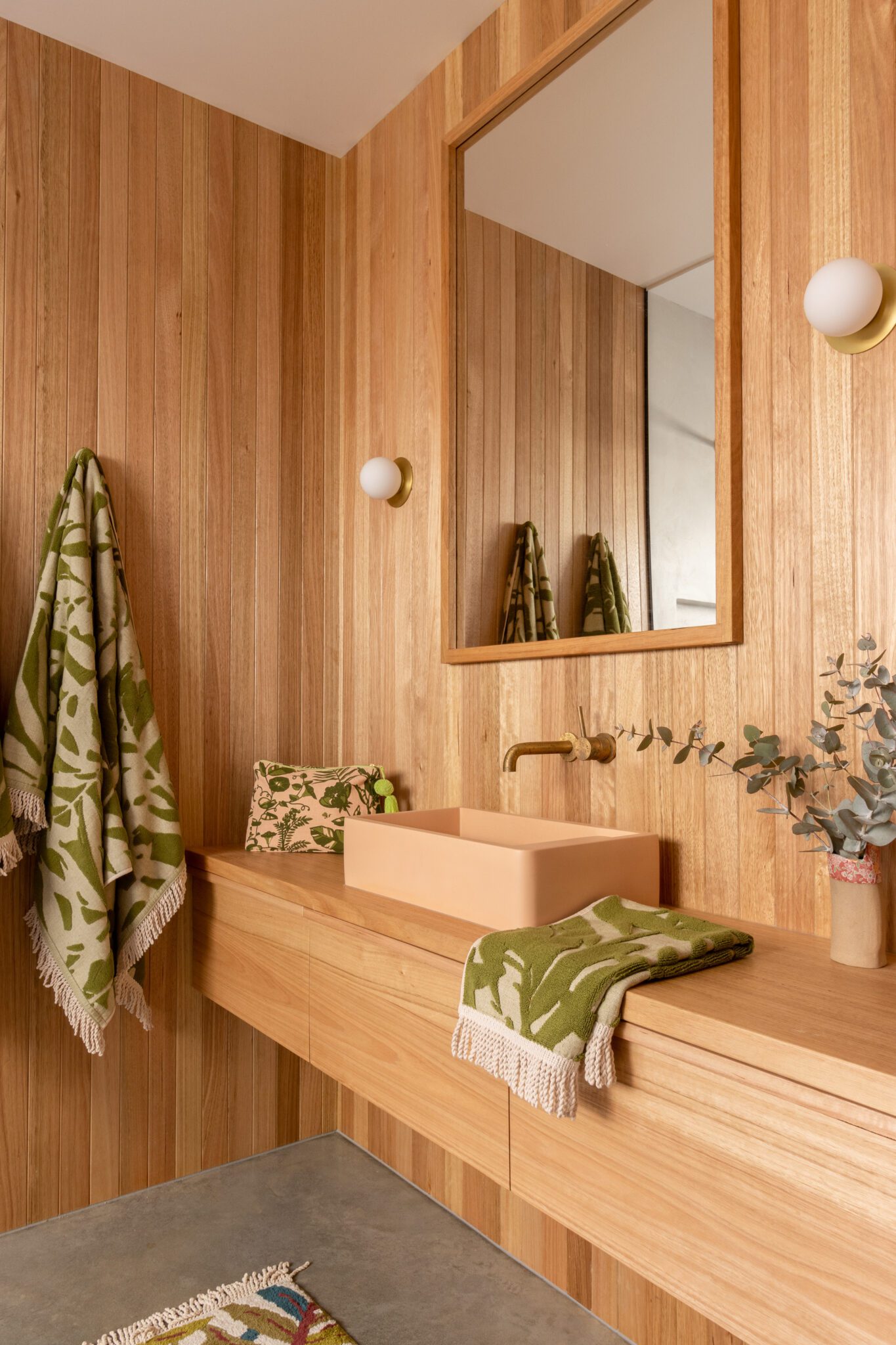 Al and Imo - The Good Day House - Japandi Inspired No Grout Bathoom - Timber and Microcement 6